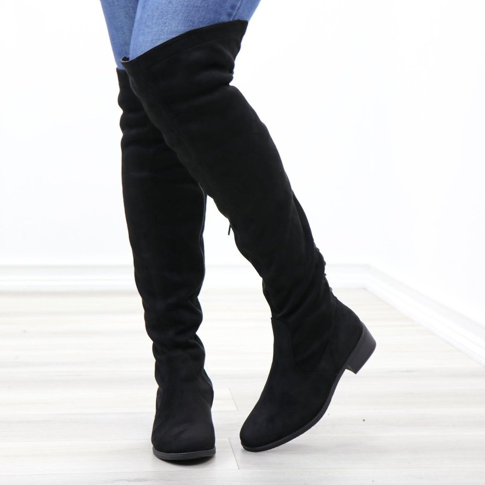 Low Heel Faux Suede Black Thigh High Boots - Picture 4 of 14